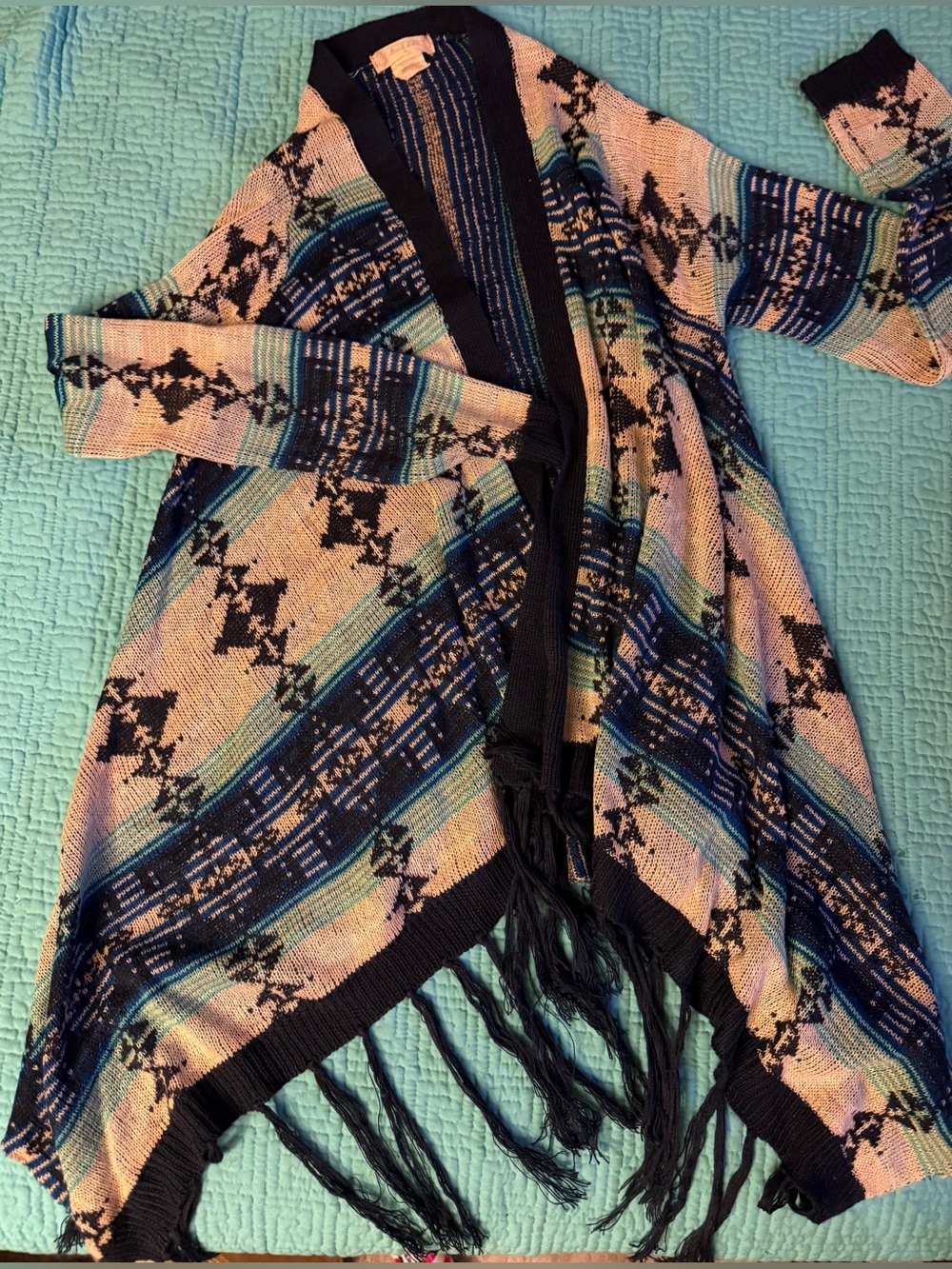 Altrd State blues Navajo design swing cardigan with navy fringe. Fall size M